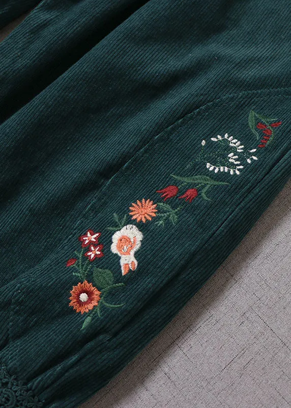 Natural Green Embroideried Lace Patchwork Corduroy Pants Winter