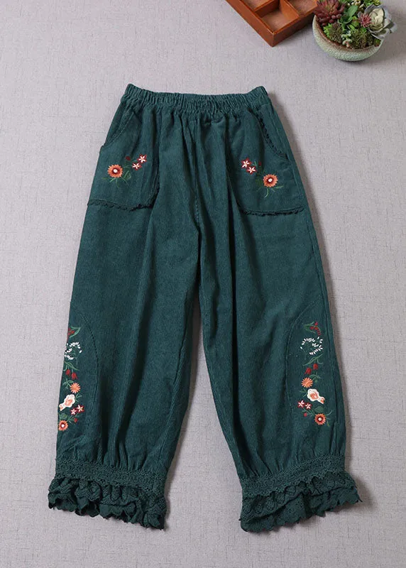 Natural Green Embroideried Lace Patchwork Corduroy Pants Winter