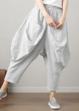 Natural Striped drop-crotch Cotton Linen  Pants Summer