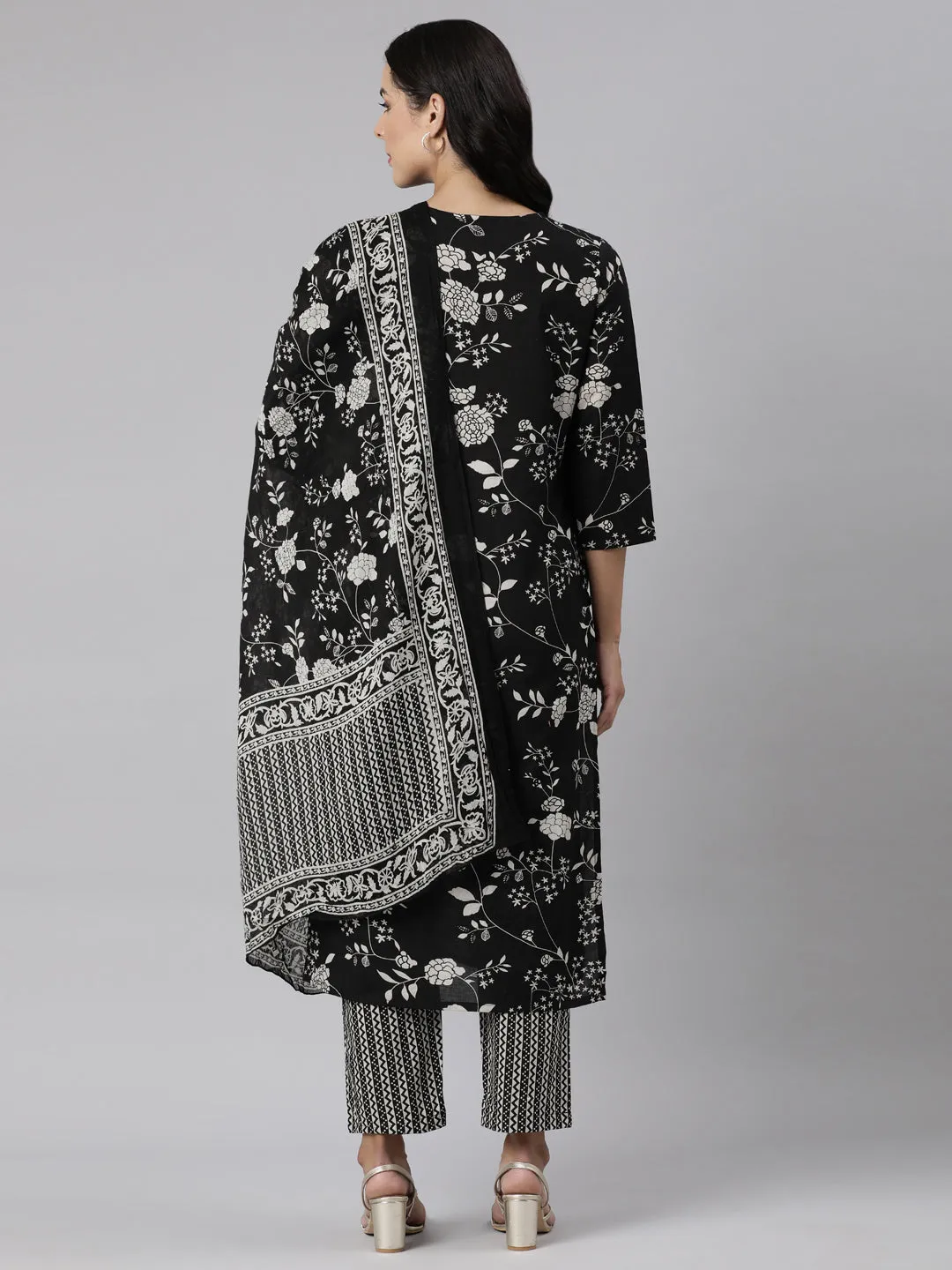 Neerus Black Panelled Straight Printed Kurta And Trousers With Dupatta