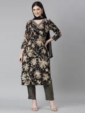 Neeru's Black Regular Straight Floral Readymade Suits