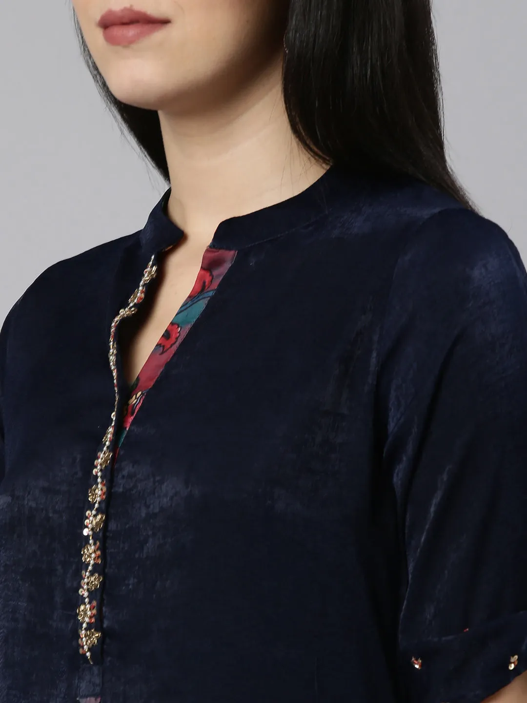 Neeru's Navy Blue Regular Straight Solid Kurta And Trousers