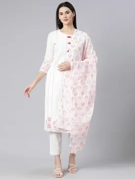 Neerus Red Panelled Straight Printed Kurta And Trousers With Dupatta