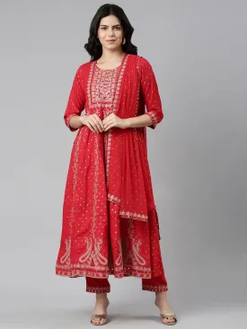 Neeru's Red Regular Straight Embroidered Kurta And Trousers With Dupatta