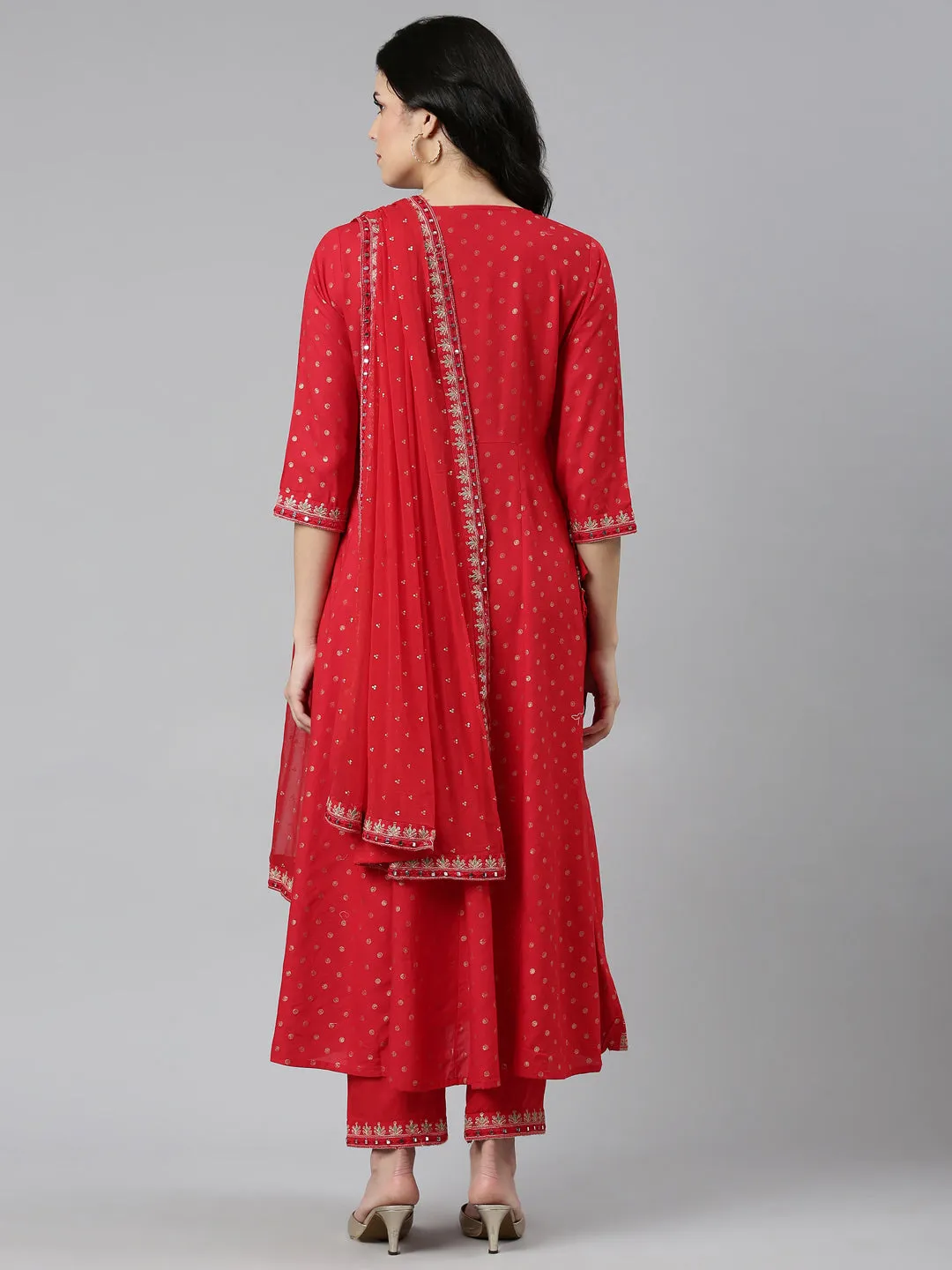 Neeru's Red Regular Straight Embroidered Kurta And Trousers With Dupatta