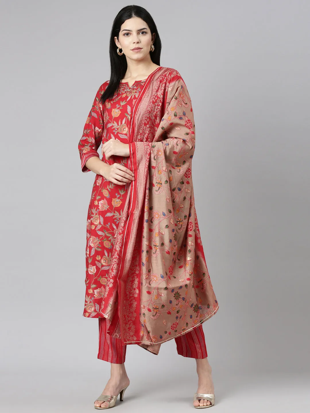 Neeru's Red Regular Straight Printed Kurta And Trousers With Dupatta