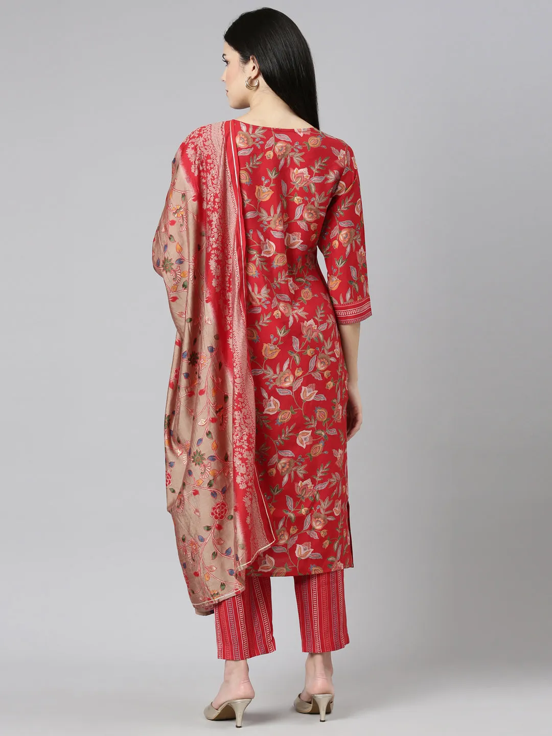 Neeru's Red Regular Straight Printed Kurta And Trousers With Dupatta