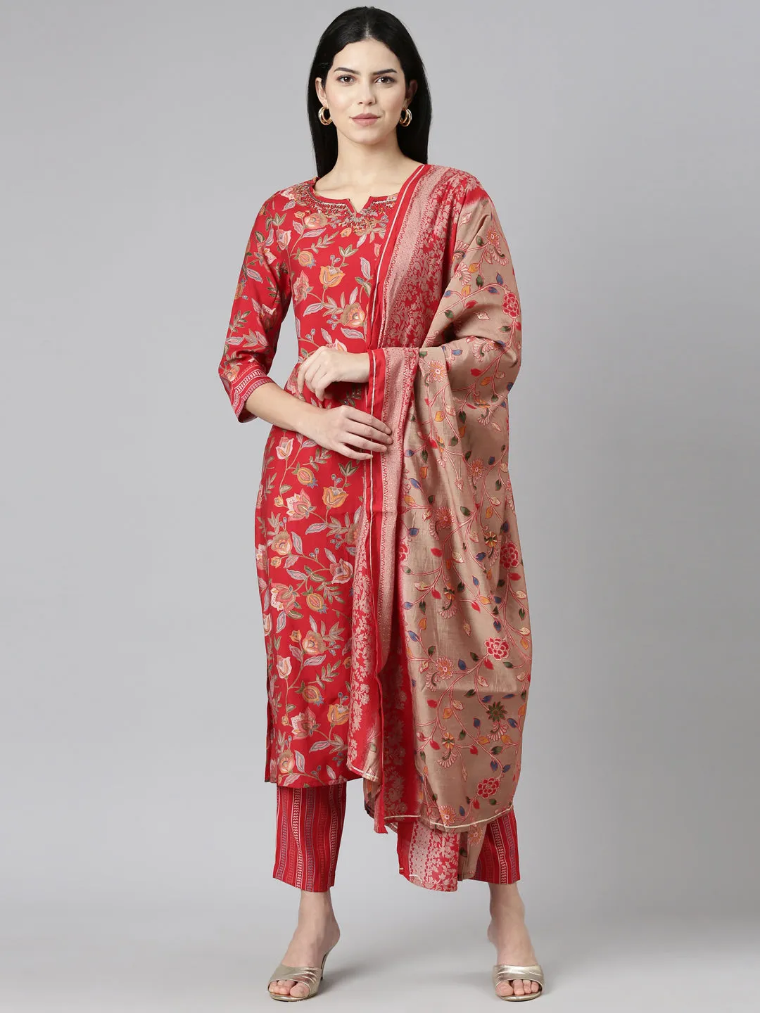 Neeru's Red Regular Straight Printed Kurta And Trousers With Dupatta