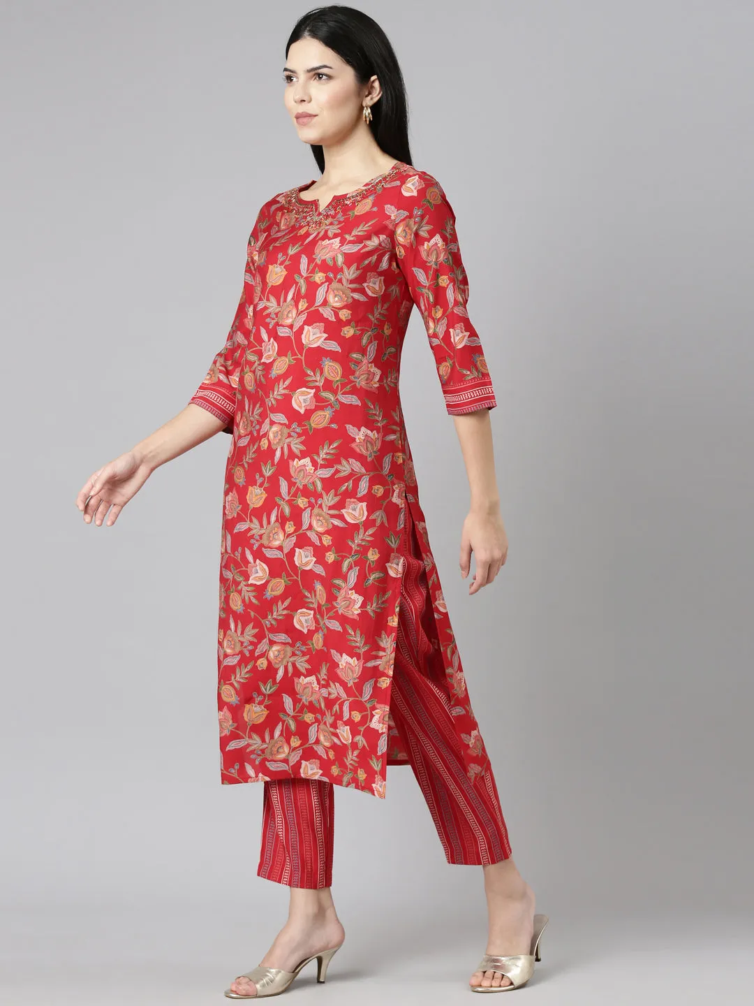 Neeru's Red Regular Straight Printed Kurta And Trousers With Dupatta