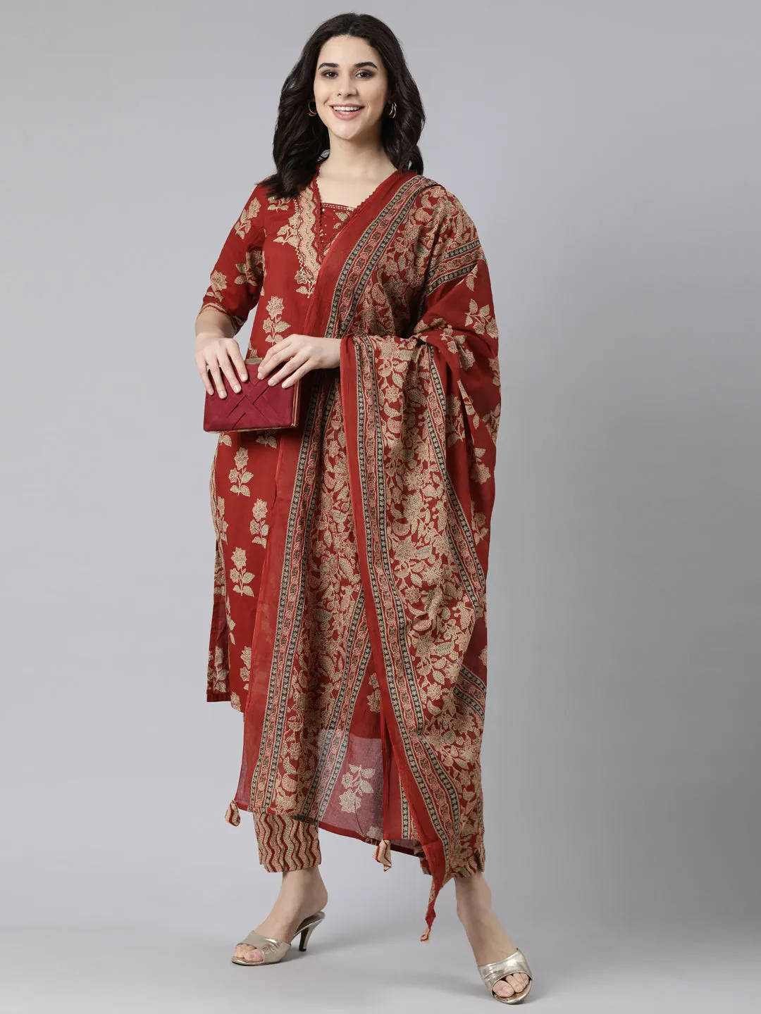 Neerus Rust Regular Straight Floral Kurta And  Trousers With Dupatta