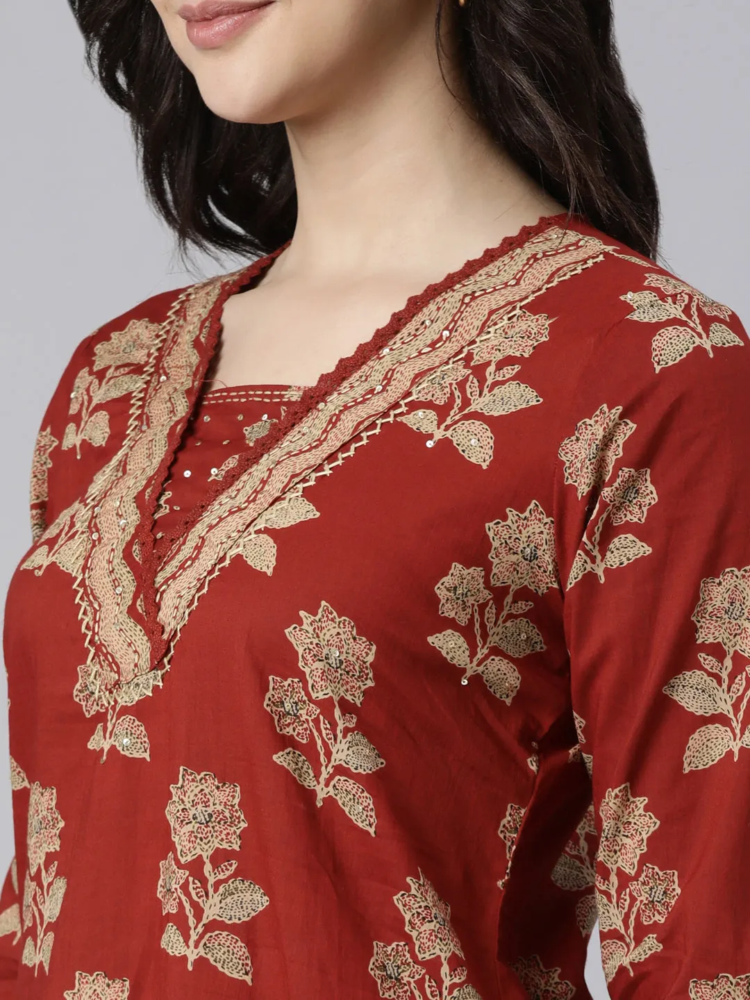 Neerus Rust Regular Straight Floral Kurta And  Trousers With Dupatta