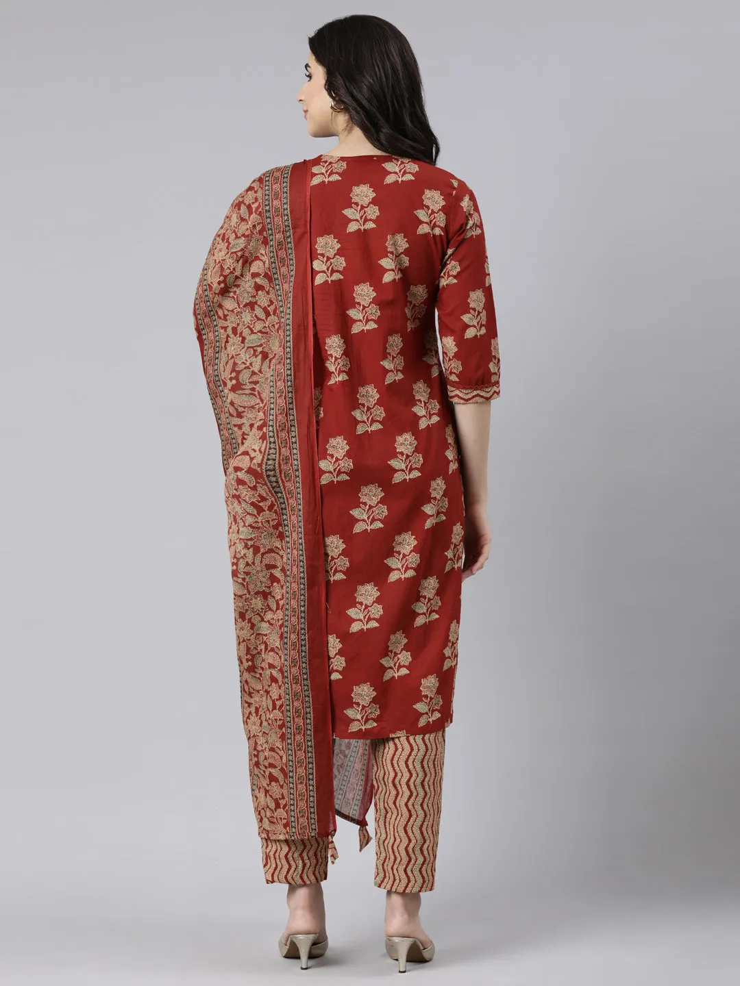 Neerus Rust Regular Straight Floral Kurta And  Trousers With Dupatta