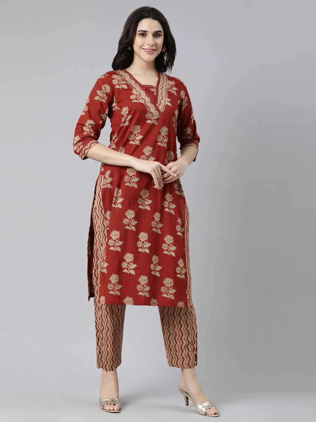 Neerus Rust Regular Straight Floral Kurta And  Trousers With Dupatta