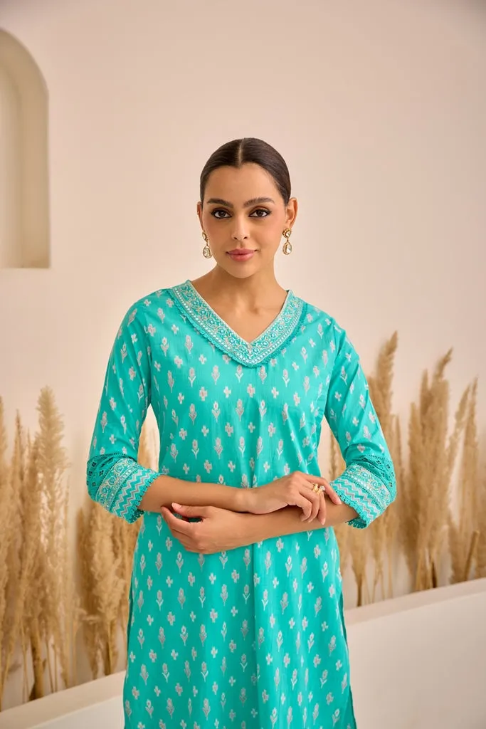 Neerus Sea Green Straight Printed Kurta And Trousers With Dupatta