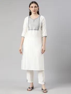 Neerus White Regular Straight Solid Kurta And  Trousers