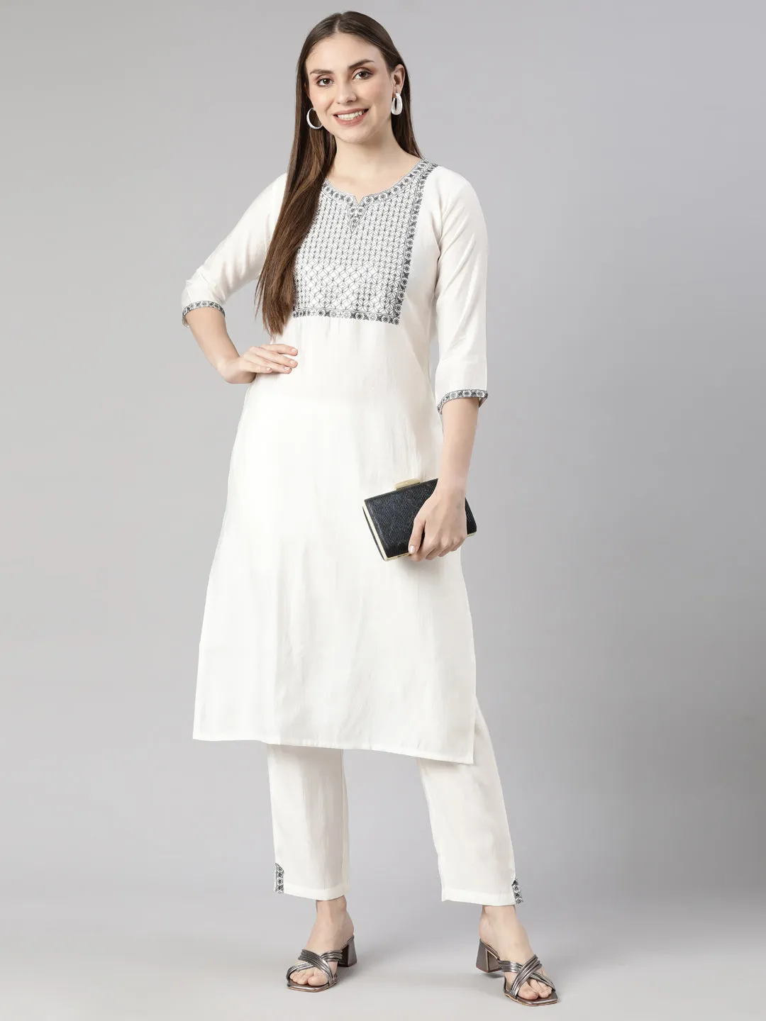 Neerus White Regular Straight Solid Kurta And  Trousers