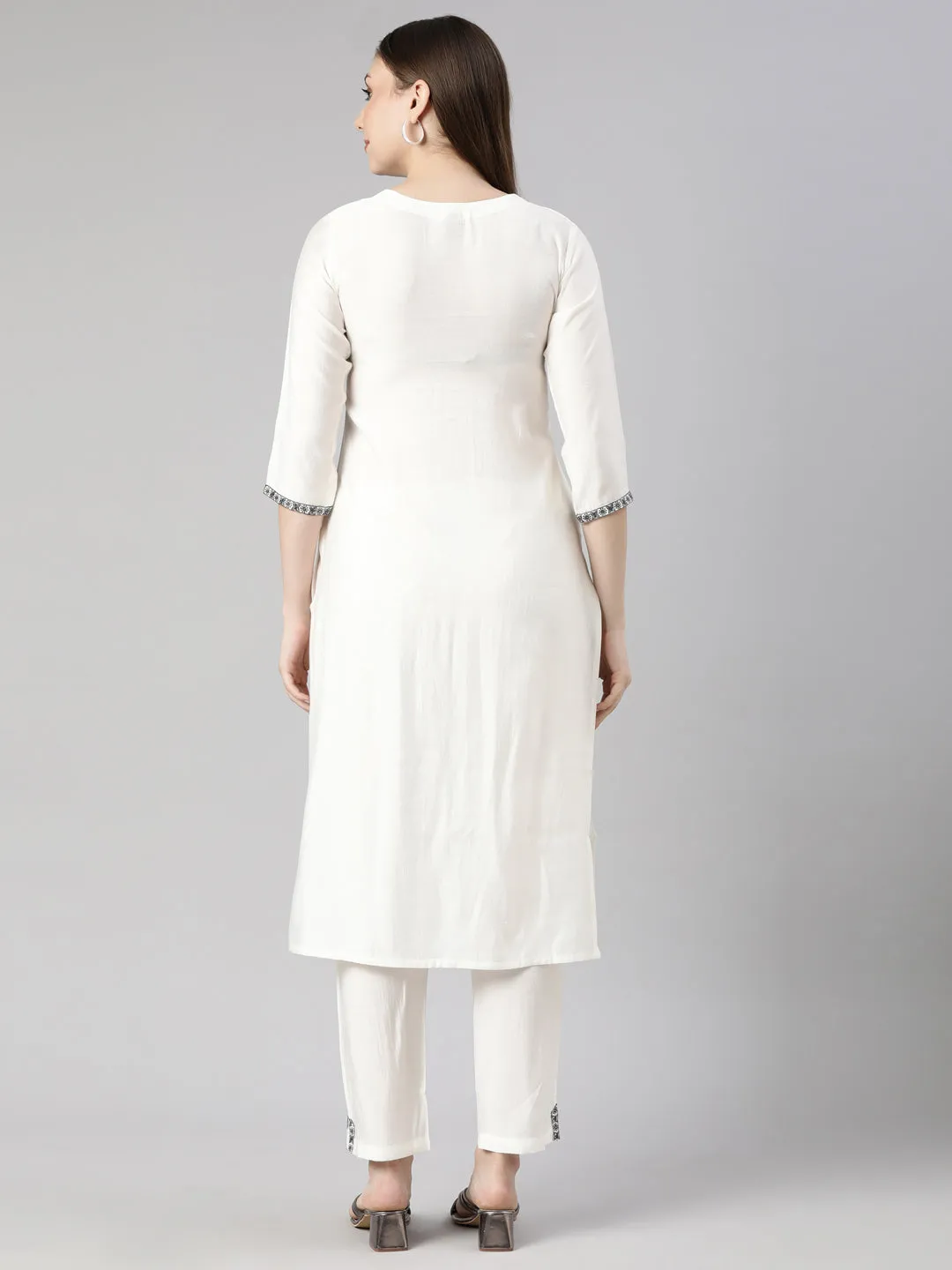 Neerus White Regular Straight Solid Kurta And  Trousers