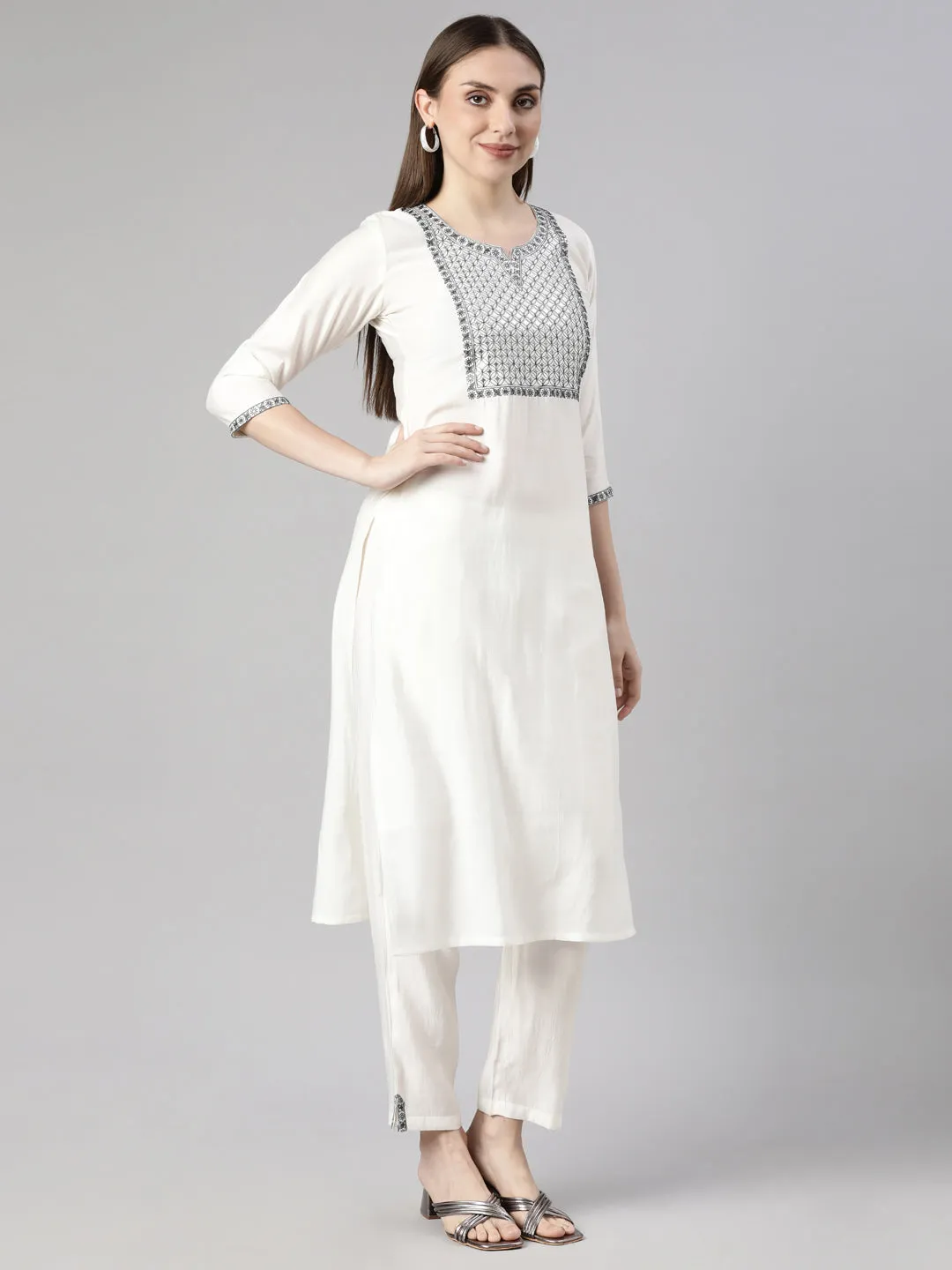 Neerus White Regular Straight Solid Kurta And  Trousers