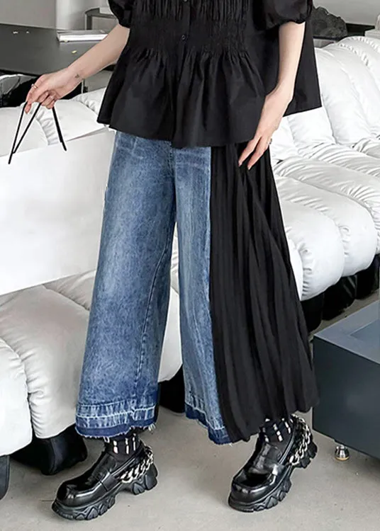 New Blue Pockets High Waist Patchwork Denim Crop Pants Fall LY9336