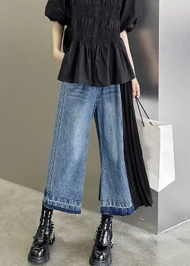 New Blue Pockets High Waist Patchwork Denim Crop Pants Fall LY9336