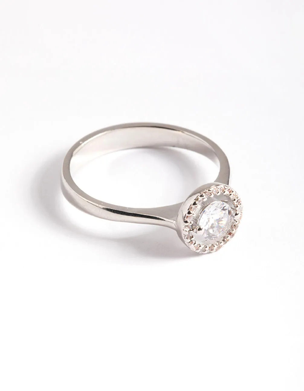 Rhodium Cubic Zirconia Centre Stone with Halo Ring