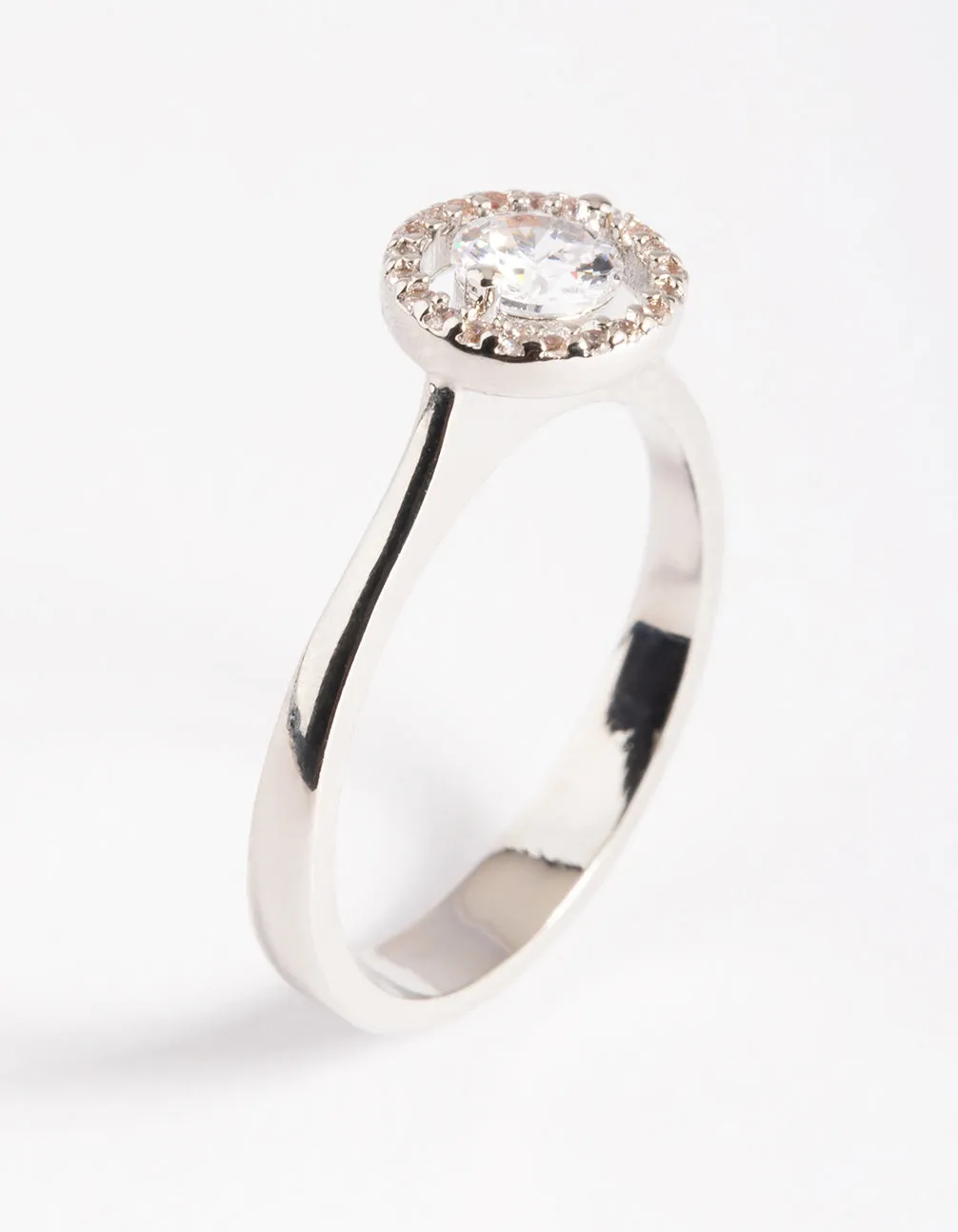 Rhodium Cubic Zirconia Centre Stone with Halo Ring