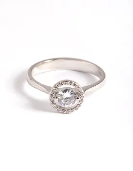 Rhodium Cubic Zirconia Centre Stone with Halo Ring