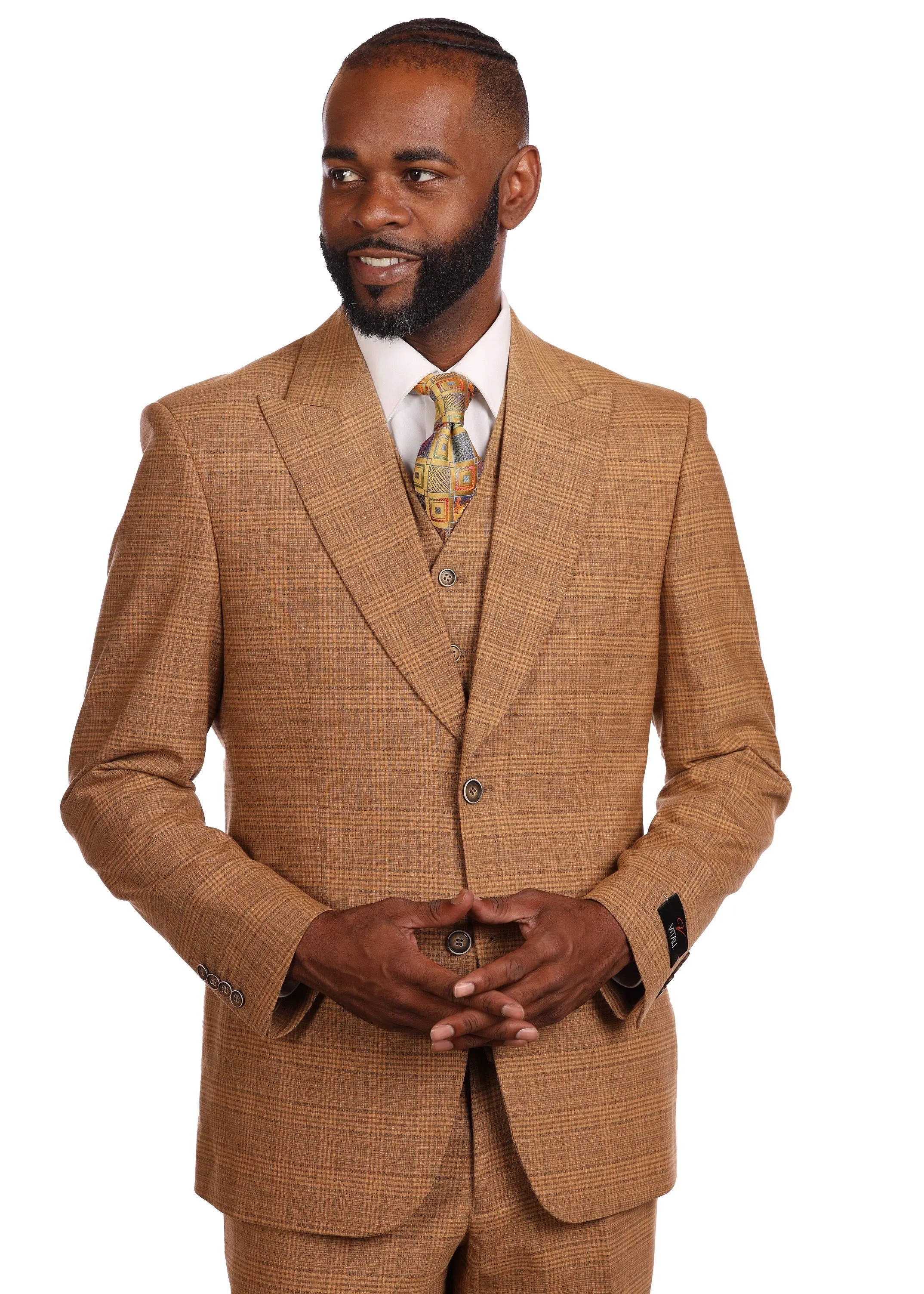 RUST COGNAC MEN'S VITALI SUIT THREE PIECES VESTED MODERN-FIT PEAK LAPEL