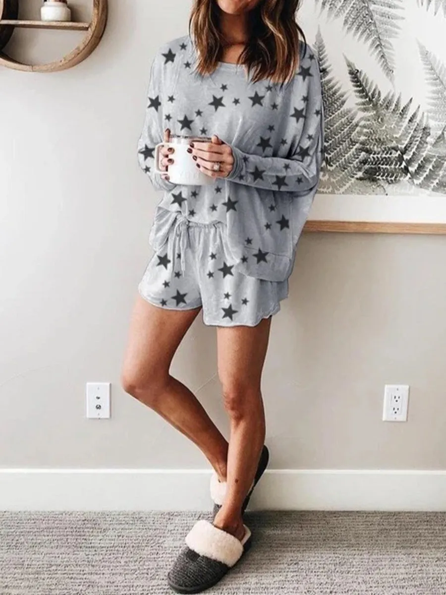 Simple Casual Loose Star Print Top Shorts Suit