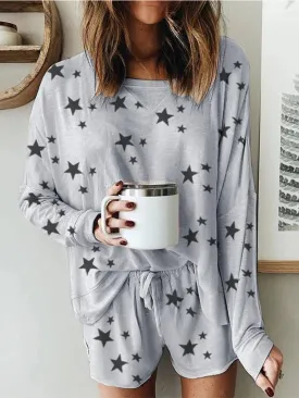 Simple Casual Loose Star Print Top Shorts Suit