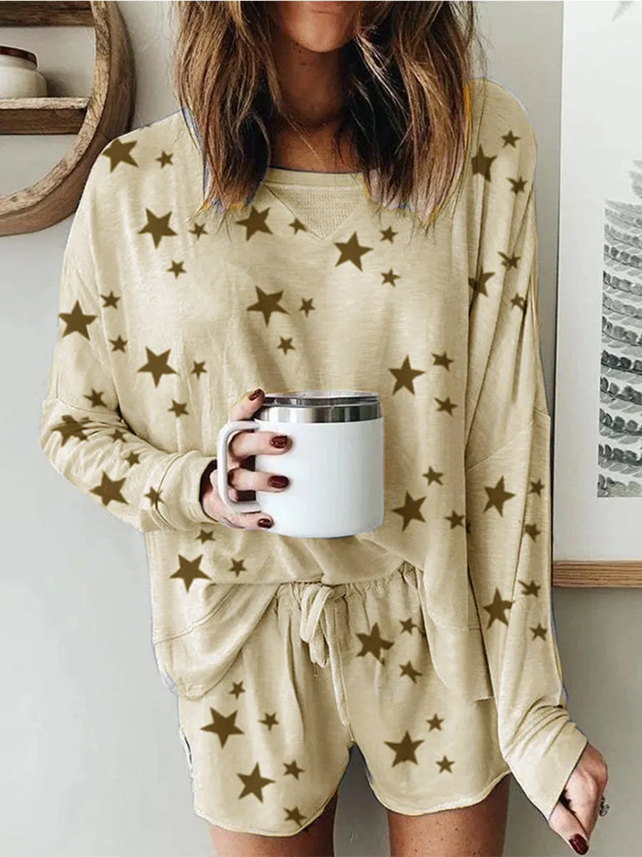 Simple Casual Loose Star Print Top Shorts Suit