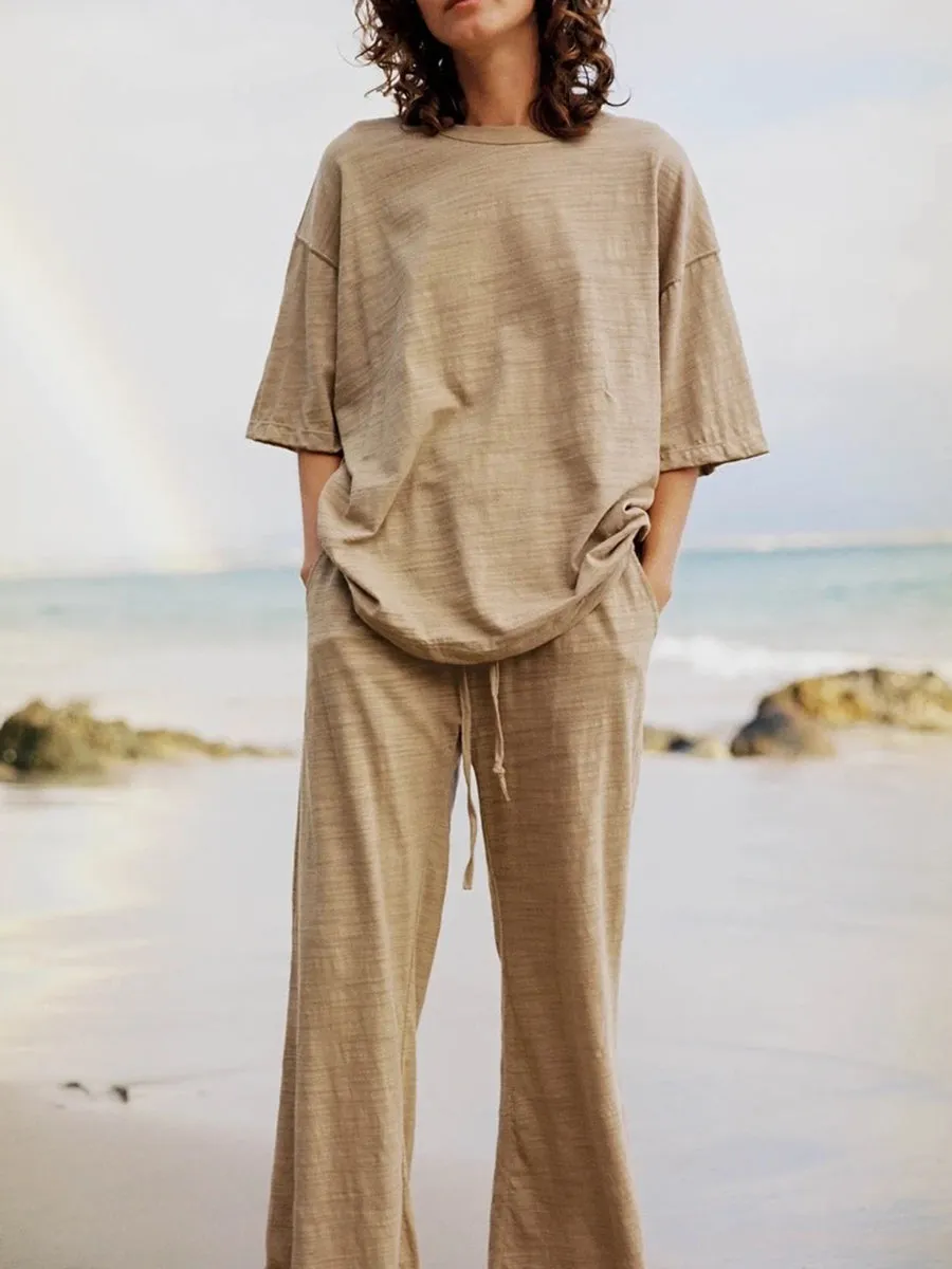 Simple Casual Round Neck Top Pants Suit