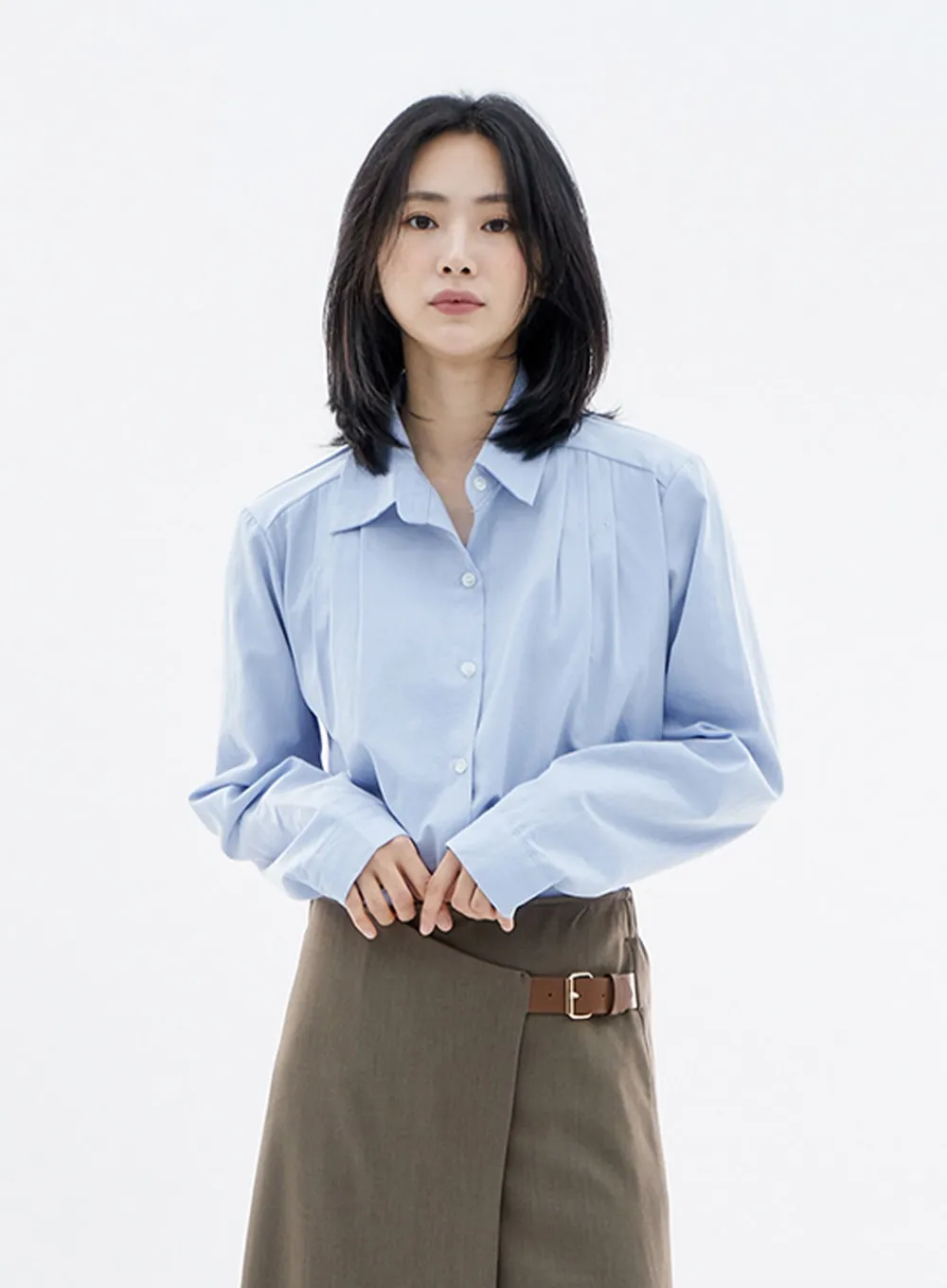 Simple Pintuck Cotton Long Sleeve Shirt OO04