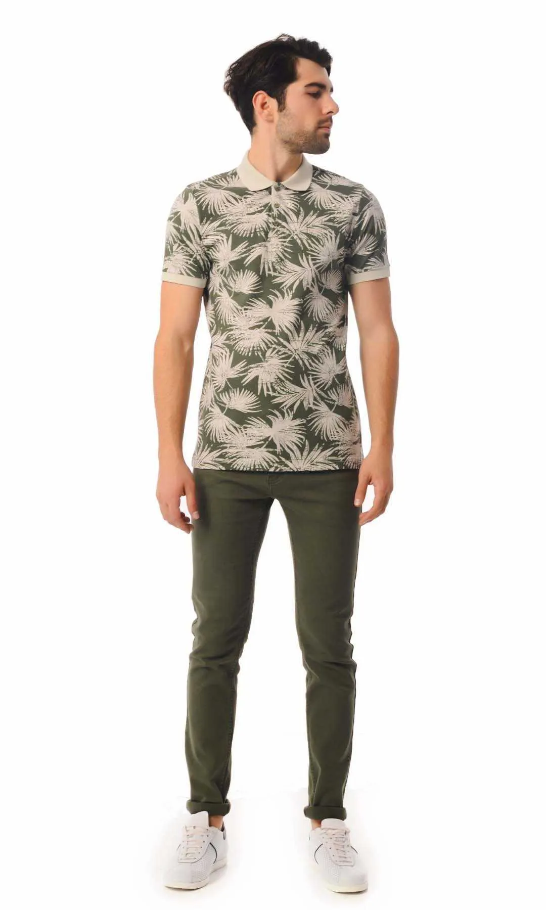 Slim Fit Light Khaki - Stone Printed Cotton Polo T-Shirt