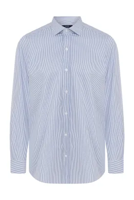 Slim Fit Long Sleeve Striped Cotton Blue Dress Shirt