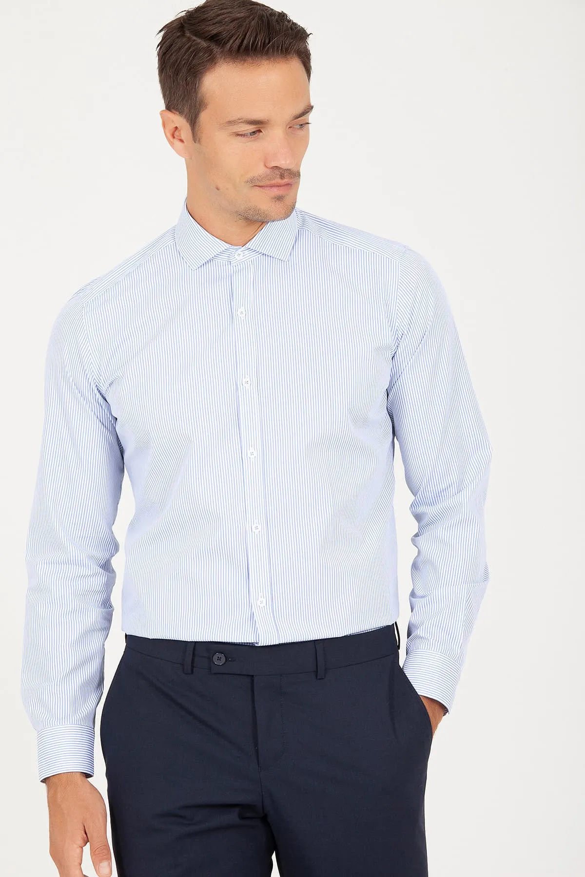 Slim Fit Long Sleeve Striped Cotton Navy Dress Shirt