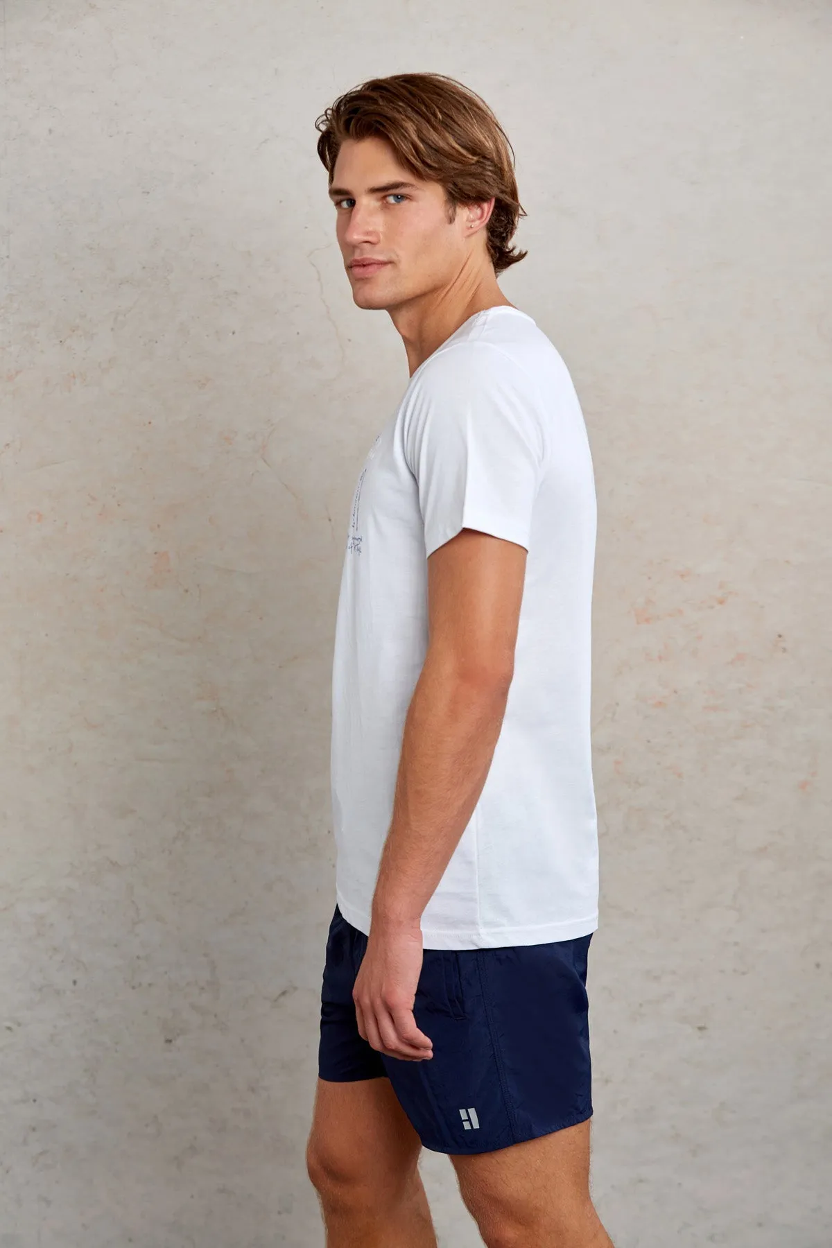 Slim Fit White 100% Cotton Printed Crew Neck T-Shirt