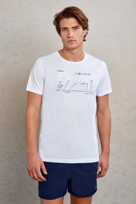 Slim Fit White 100% Cotton Printed Crew Neck T-Shirt