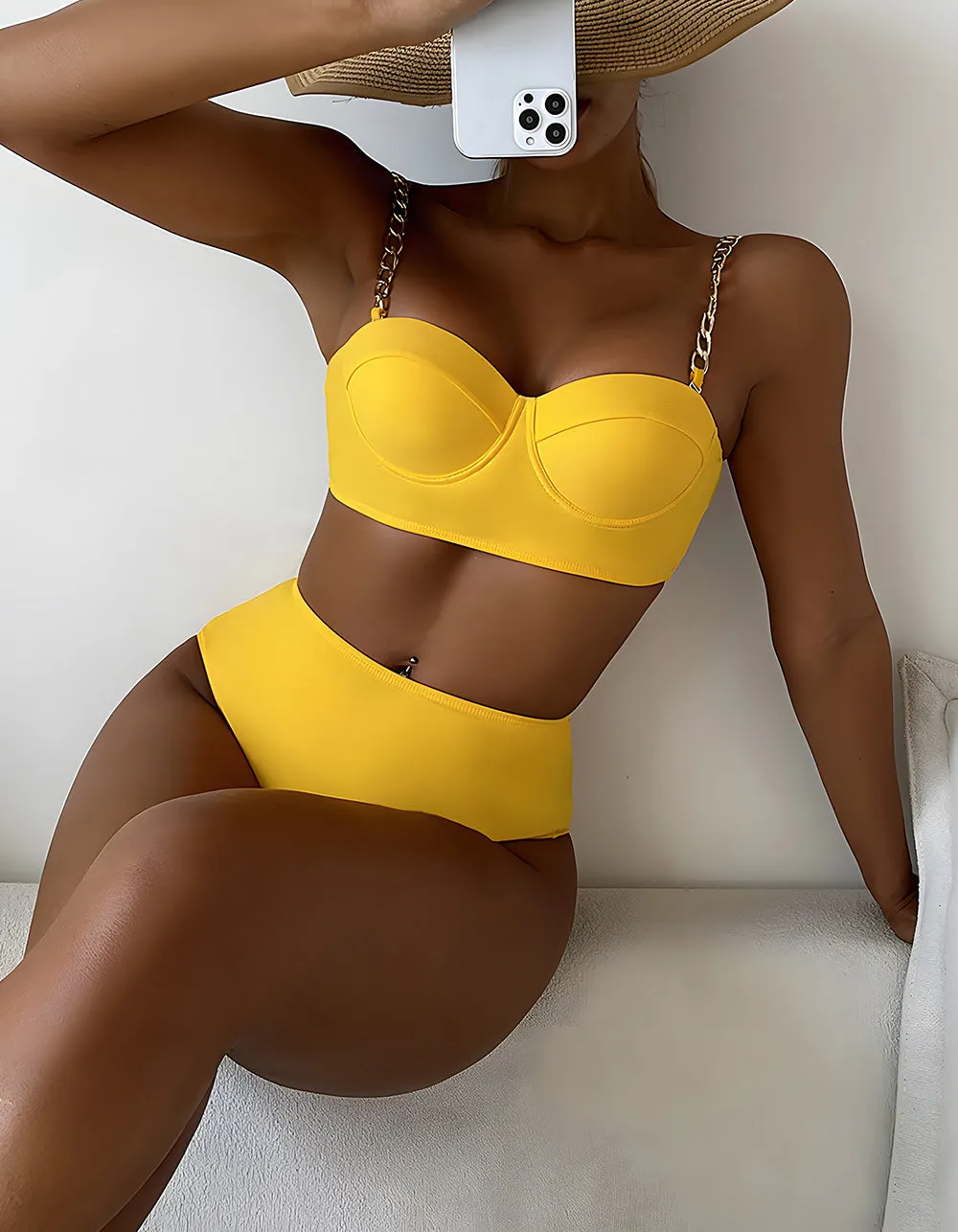 Solid-color Two-piece Strap High-waist Backless Bikini Swimwear