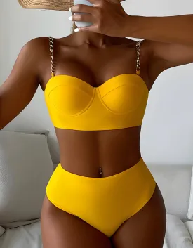 Solid-color Two-piece Strap High-waist Backless Bikini Swimwear