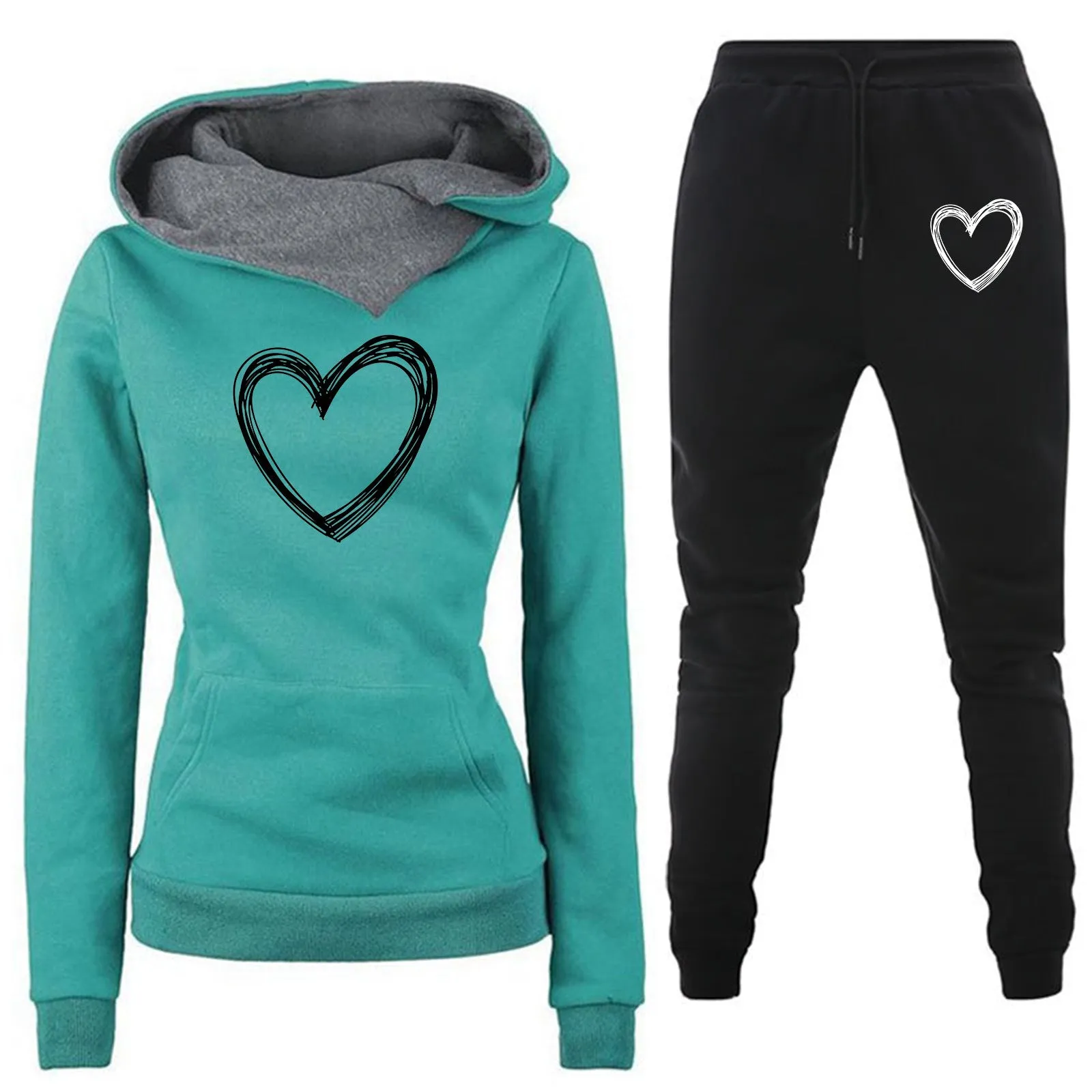 Stylish Women's Fleece-lined Hooded Sportswear Suit - Long Sleeve