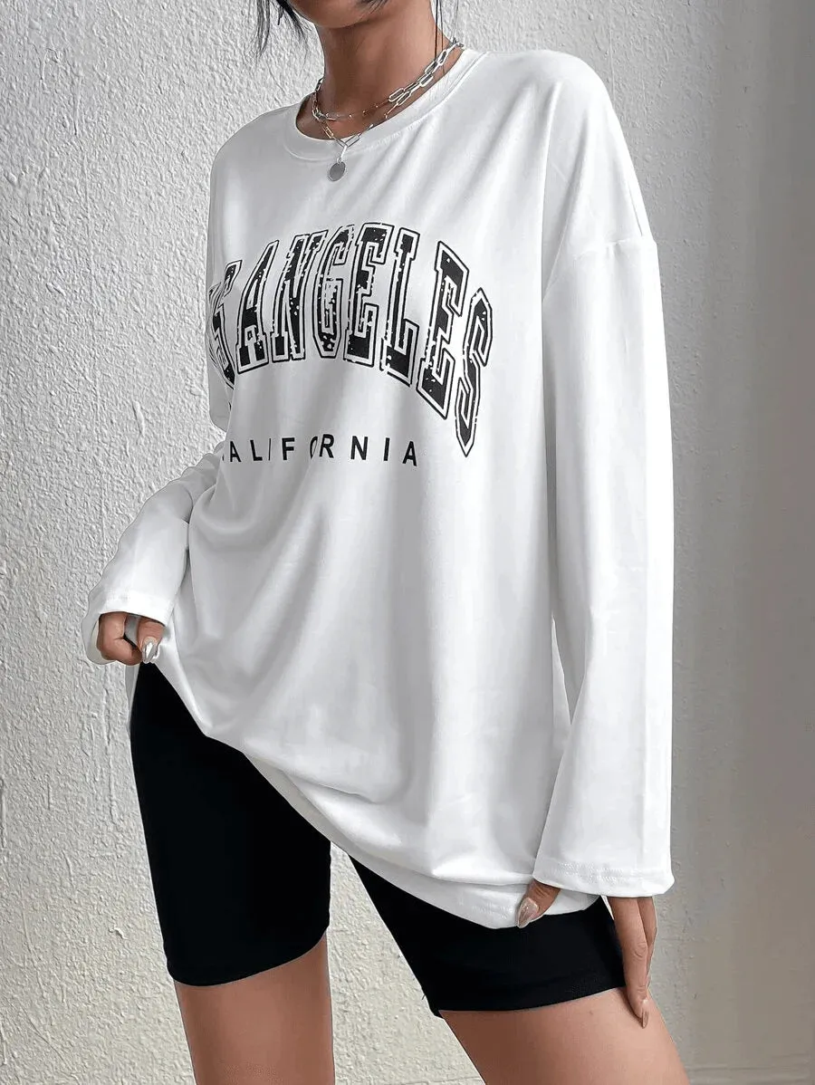 SXV 'LOS ANGELES califfronia’ Printed Aesthetic Drop Shoulder Long sleeves Oversized Baggy T-shirt