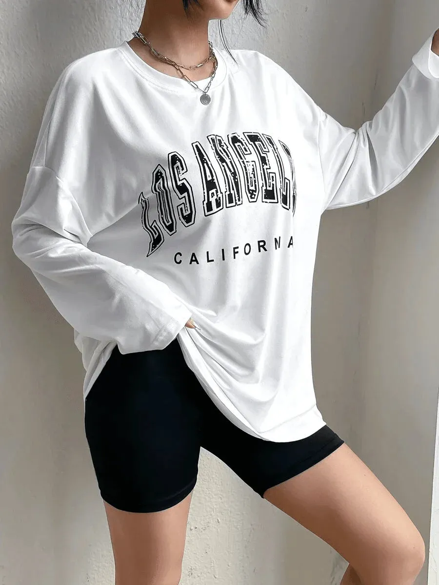 SXV 'LOS ANGELES califfronia’ Printed Aesthetic Drop Shoulder Long sleeves Oversized Baggy T-shirt