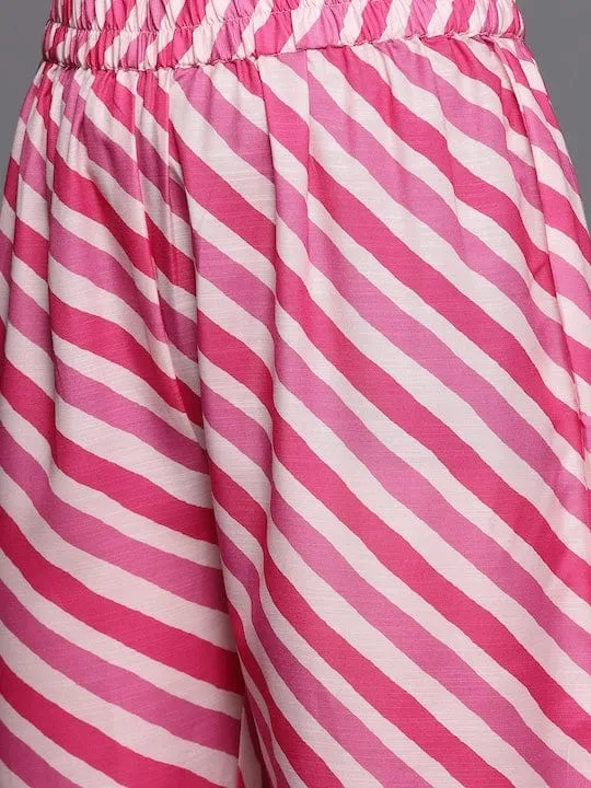 Varanga Women Fuchsia Pink & White Leheriya Striped Gotta Patti Kurta with Trousers