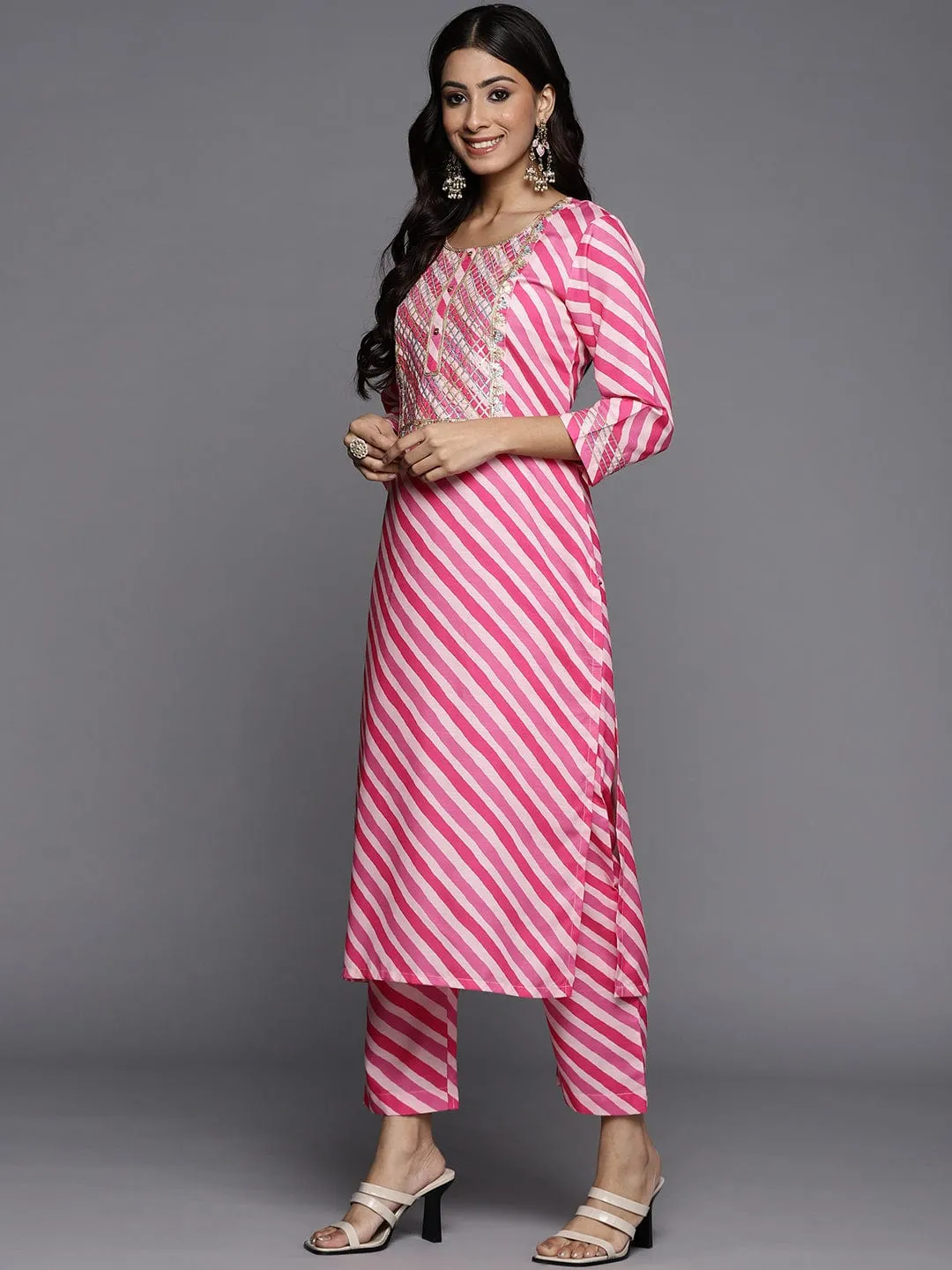 Varanga Women Fuchsia Pink & White Leheriya Striped Gotta Patti Kurta with Trousers