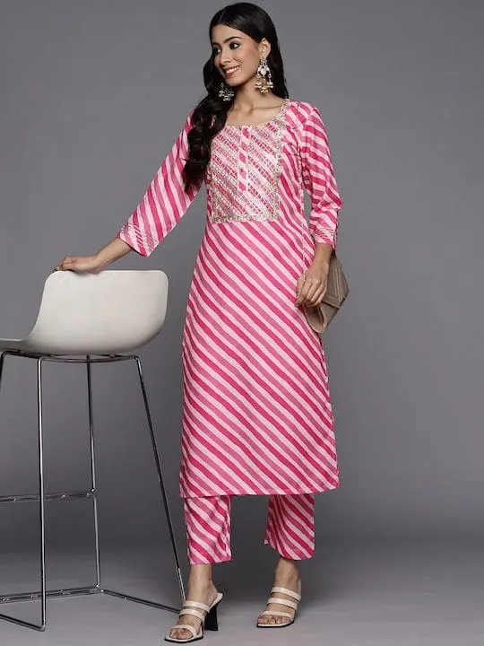 Varanga Women Fuchsia Pink & White Leheriya Striped Gotta Patti Kurta with Trousers