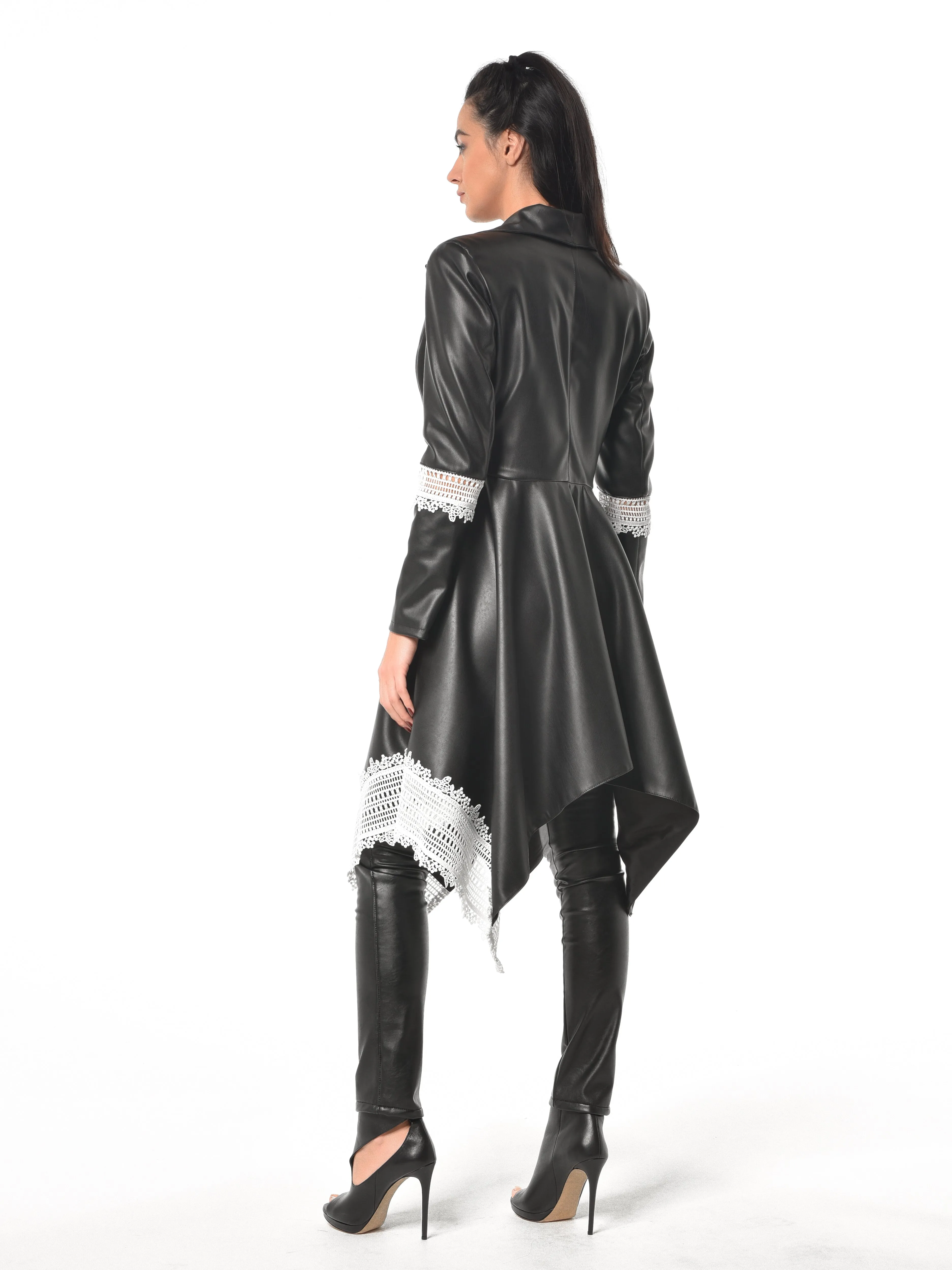 Vegan Leather Coat With Lace Details