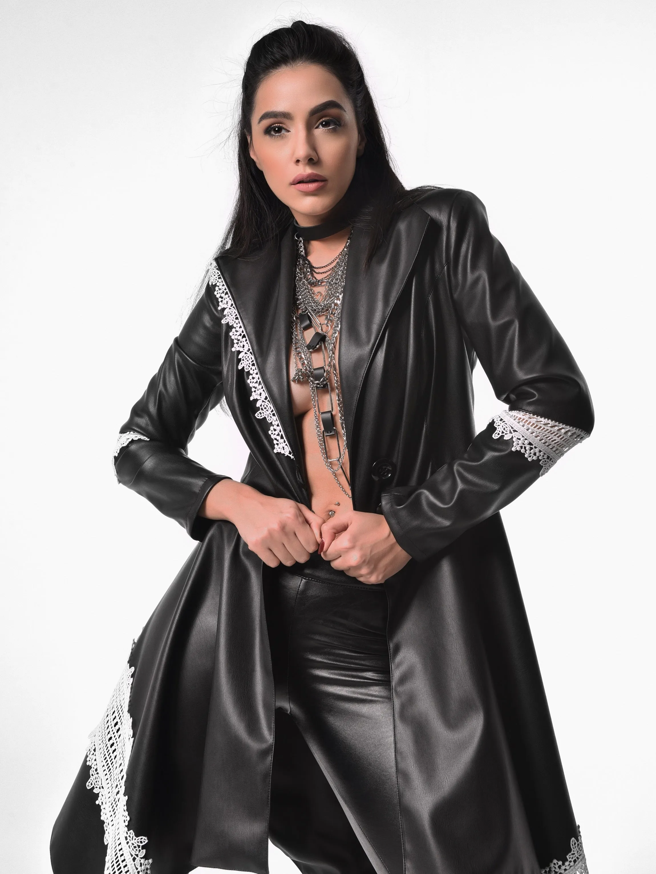 Vegan Leather Coat With Lace Details