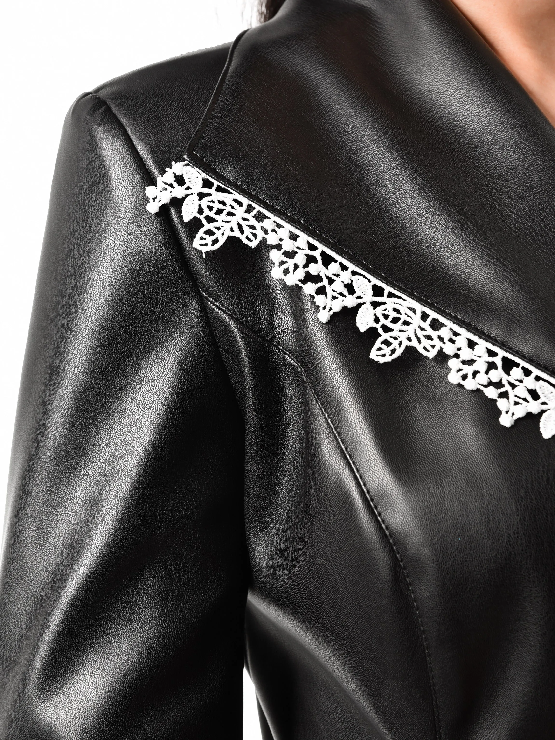 Vegan Leather Coat With Lace Details