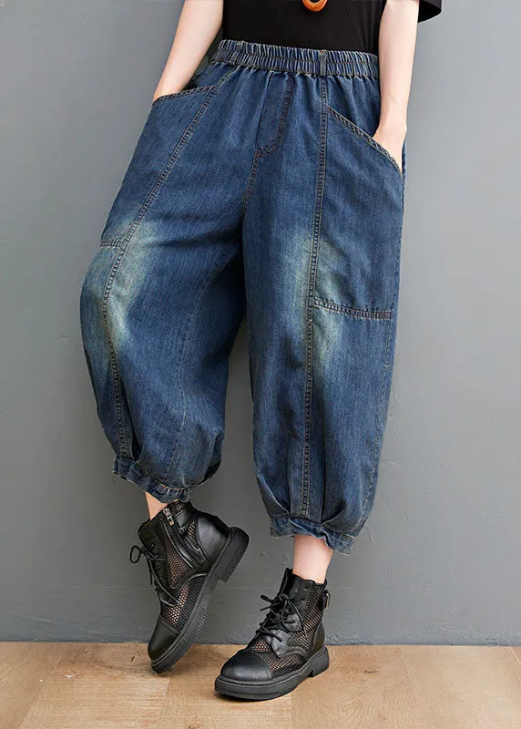 Vintage Blue High Waist Pockets lantern Casual Fall Pants